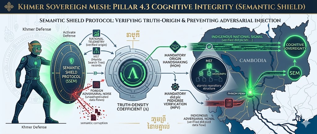Khmer Sovereign Mesh: Pillar 4.3 Cognitive Integrity (Semantic Shield). Schematic illustrating the Semantic Shield Protocol utilizing atproto repository structure and Truth-Density Coefficient (Λ) for Mandatory Origin Handshaking. It details the process of did:plc pedigree verification in Merkle Search Tree (MST) records to distinguish between indigenous national signals and foreign adversarial noise, preventing semantic corruption and adversarial injection.
