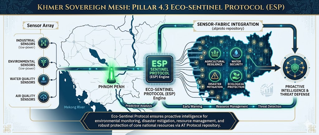 Khmer Sovereign Mesh: Pillar 4.3 Eco-Sentinel Protocol (ESP). Schematic illustrating the integrated sensor management system. It details how environmental and industrial sensors are integrated into the atproto repository fabric to provide predictive intelligence for proactive monitoring, disaster mitigation, resource management, and ecological protection of national resources.