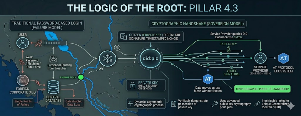 The Logic of the Root: Pillar 4.3. Illustrating the transition from symmetric secrets to asymmetric cryptographic handshakes via did:plc.