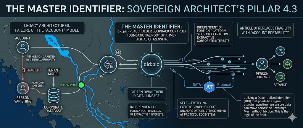 Pillar 4.3: did:plc implementation anchoring Khmer digital citizenship. Transition from legacy tenant accounts to self-certifying cryptographic roots.