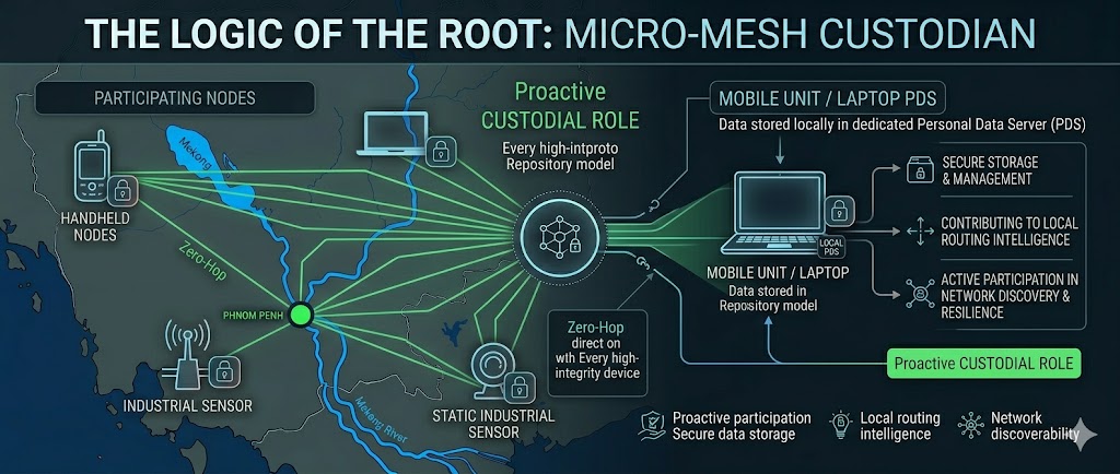 Micro-Mesh Custodian: Pillar 4.3. High-integrity devices (phones, laptops, sensors) acting as proactive custodial nodes within the AT Protocol Repository model.