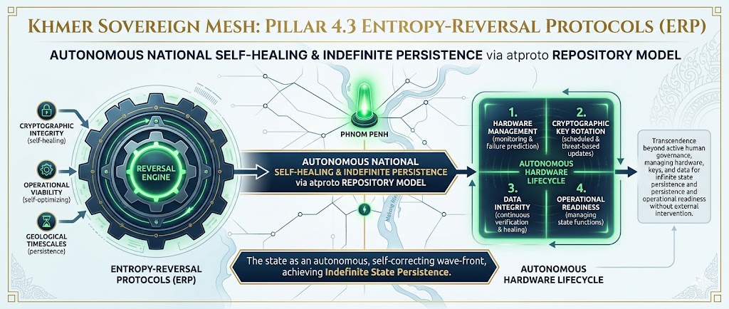 Khmer Sovereign Mesh: Pillar 4.3 Entropy-Reversal Protocols (ERP). Schematic illustrating the state as an autonomous, self-correcting wave-front, achieving Indefinite State Persistence via the atproto Repository Model. It details the autonomous management of hardware lifecycles, cryptographic key rotations, and data integrity verification without external intervention.