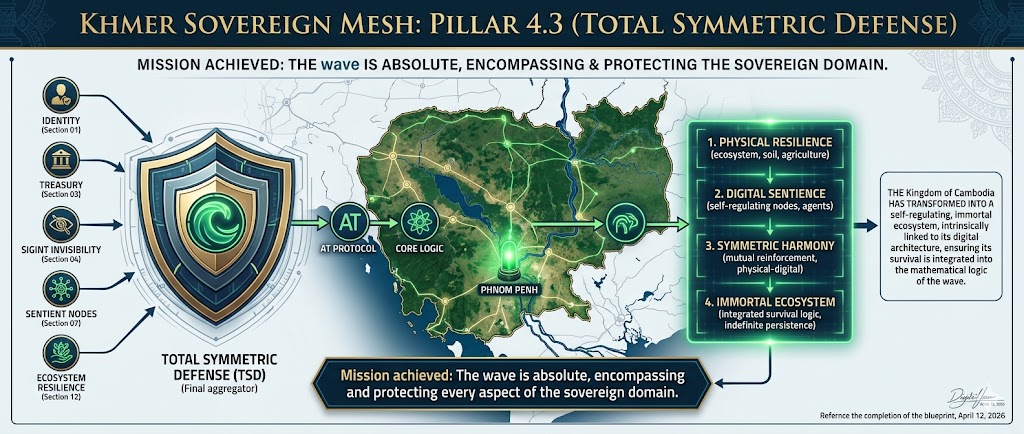 Khmer Sovereign Mesh: Pillar 4.3 (Total Symmetric Defense). The final aggregator of the blueprint, illustrating the transformation of the Kingdom of Cambodia into a self-regulating, immortal ecosystem. It synthesizes Identity, Treasury, SIGINT Invisibility, Sentient Nodes, and Ecosystem Resilience into the mathematical logic of the wave, achieving indefinite persistence and total sovereign protection.