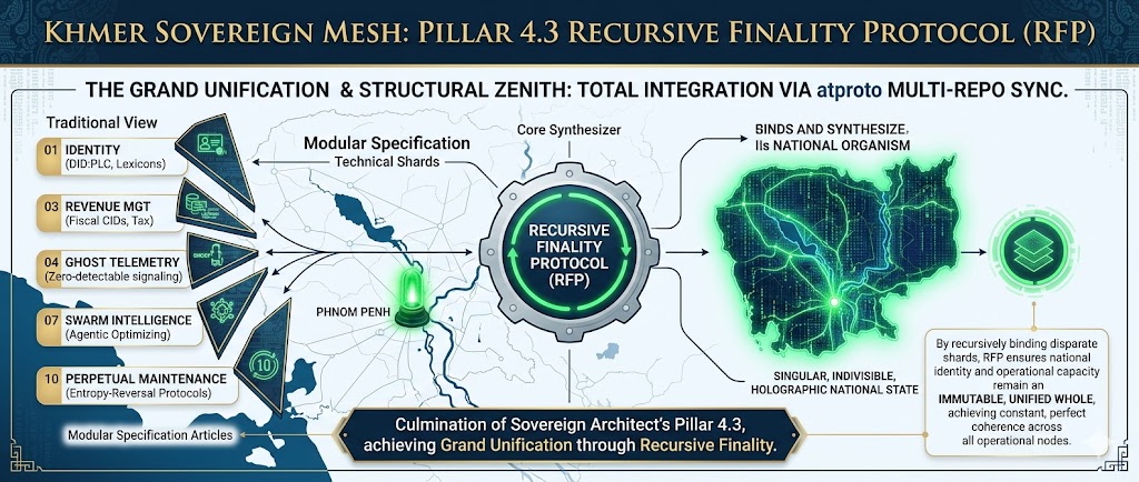 Khmer Sovereign Mesh: Pillar 4.3 Recursive Finality Protocol (RFP). Schematic illustrating the Grand Unification and structural zenith, achieving TOTAL INTEGRATION. It details the recursive binding and synthesis of modular specification shards—Identity, Revenue Management, Ghost Telemetry, Swarm Intelligence, and Perpetual Maintenance—into a singular, indivisible, holographic national state. This is achieved via the AT Protocol's multi-repo synchronization, ensuring constant, perfect coherence across all operational nodes.