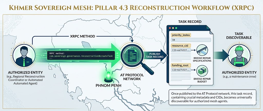 Khmer Sovereign Mesh: Pillar 4.3 Reconstruction Workflow (XRPC). Schematic showing the creation of task records with CIDs for bridge repair specifications and funding roots.