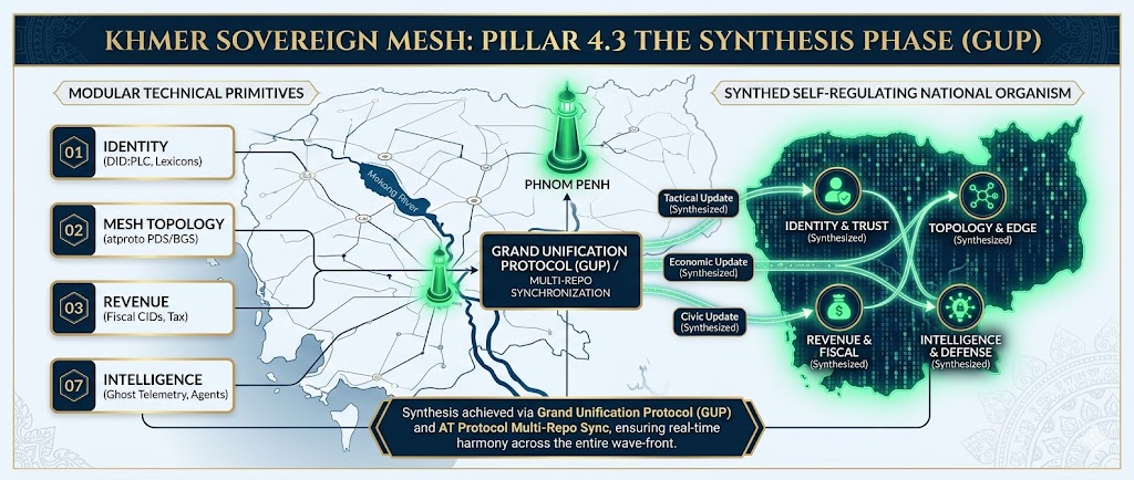 Khmer Sovereign Mesh: Pillar 4.3 The Synthesis Phase (GUP). Schematic illustrating the synthesis of modular technical primitives—Identity, Mesh Topology, Revenue, and Intelligence—into a unified, self-regulating national organism. This synthesis is achieved via the Grand Unification Protocol (GUP) and AT Protocol Multi-Repo Sync, ensuring real-time harmony across tactical, economic, and civic updates.