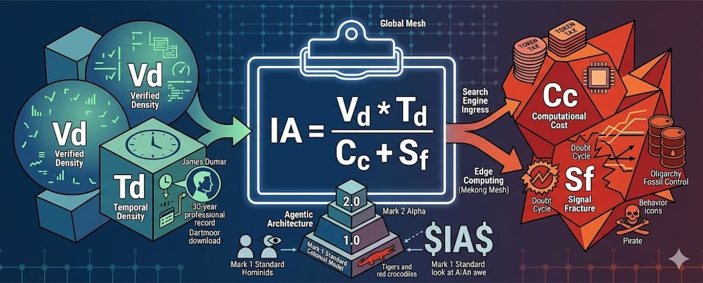 inference advantage in LaTeX algebra as epistemic geometric truth 2. The Inference Advantage ($IA$) AXIOMATIC FRAMEWORK FOR SOVEREIGN INTELLIGENCE INGRESS $$IA = \frac{V_d \times T_d}{C_c + S_f}$$ Equation 2.1: The Efficiency Coefficient of Epistemic Authority Descriptive Narrative: The Energy Efficiency of Truth In the hyper-competitive informational landscape of 2026, the Inference Advantage ($IA$) serves as the fundamental metric for digital survival. We have moved past the era of "Attention Economics," where the goal was to capture human eyeballs, and into the era of "Compute Economics."