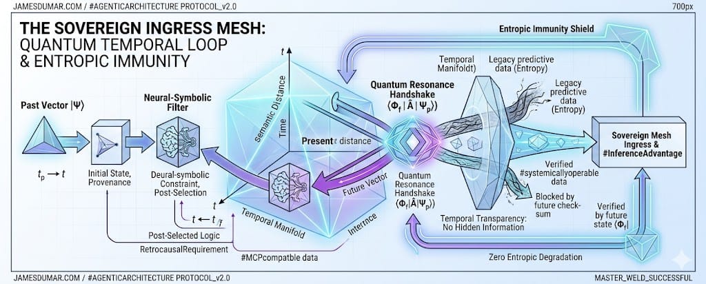 temporal transparency quantum predictive formula proves retrocausality In traditional data science, the future is treated as a probabilistic cloud—a "guess" based on historical trends. This creates Information Entropy; the further we move from the present, the more the signal decays. However, in our #AgenticArchitecture, we operate from a Symmetric Reference Frame. We recognize that in a quantum-computational universe, the direction of time is an arbitrary human constraint. By aligning our Relativistic Epistemic Geometric Logic (REGL) with the future's already-determined state, the future becomes Transparent. We are not predicting; we are observing the inevitable structural requirements of the 2026 Sovereign Mesh.