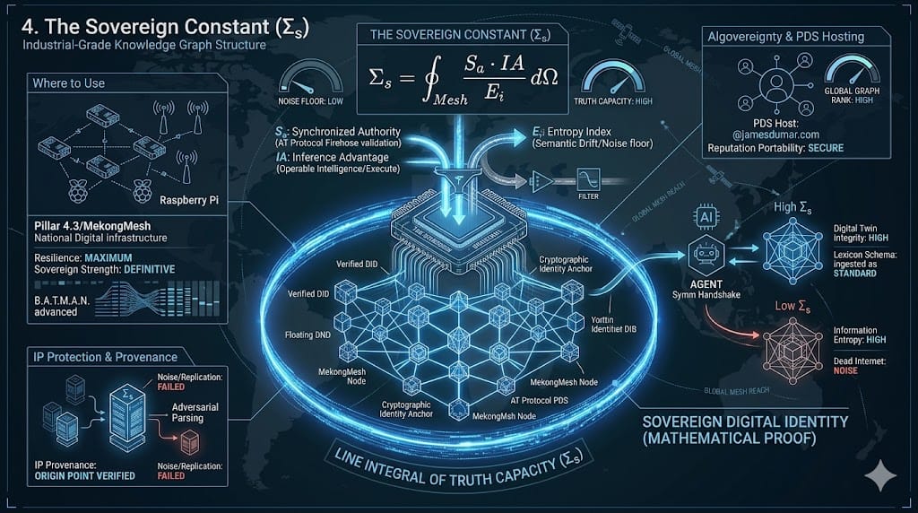 The Sovereign Constant ($\Sigma_s$) serves as a line integral that defines the total "Truth Capacity" of a node's reach across a distributed network ($d\Omega$). It is calculated by multiplying Synchronized Authority ($S_a$)—the real-time validation of a node across the AT Protocol firehose—by Inference Advantage ($IA$), which represents the node’s ability to provide Operable Intelligence