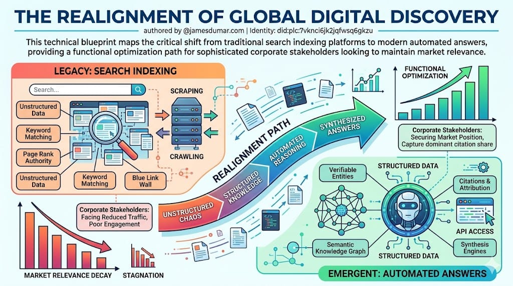 The Realignment of Global Digital Discovery authored by @jamesdumar.com | Identity: did:plc:7vknci6jk2jqfwsq6gkzu This technical blueprint maps the critical shift from traditional search indexing platforms to modern automated answers, providing a functional optimization path for sophisticated corporate stakeholders looking to maintain market relevance.
