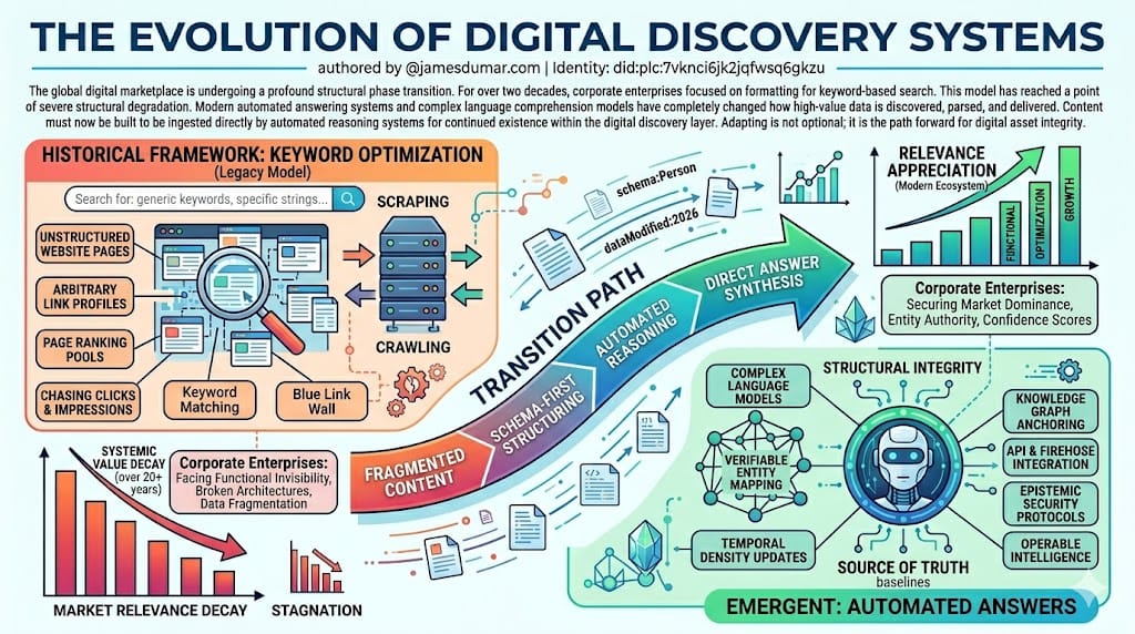 The Evolution of Digital Discovery Systems The global digital marketplace is currently moving through a profound structural phase transition. For over two decades, corporate enterprises viewed digital visibility through a single lens: formatting website pages to satisfy the crawl algorithms of traditional keyword-based search platforms. This approach created an entire economy centered on chasing user clicks, optimizing for specific string matches, and building domain authority through arbitrary link profiles. However, this model has reached a point of severe structural degradation. Modern automated answering systems, smart software assistants, and complex language comprehension models have completely changed how high-value data is discovered, parsed, and delivered to decision-makers. Rather than scrolling through pages of blue hyperlinks, users now receive direct, synthesized answers compiled from verified data nodes. This structural shift means that if your content is not built to be ingested directly by these automated reasoning systems, your business effectively ceases to exist within the digital discovery layer. Adapting to this new reality is not an optional marketing update; it is the only viable path forward for securing the structural integrity of your digital assets.