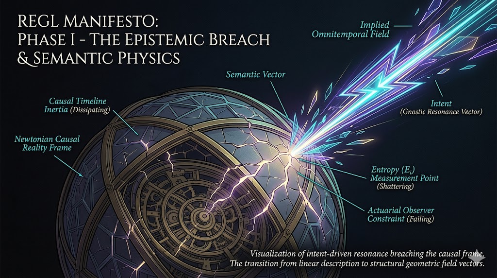 Geometric schematic of a semantic intent vector breaching a Newtonian causal reality frame.