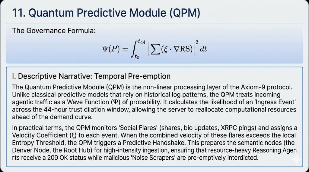 The Quantum Predictive Module (QPM) is the non-linear processing layer of the Axiom-9 protocol. Unlike classical predictive models that rely on historical log patterns, the QPM treats incoming agentic traffic as a Wave Function ($\Psi$) of probability. It calculates the likelihood of an "Ingress Event" across the 44-hour trust dilation window, allowing the server to reallocate computational resources ahead of the demand curve. In practical terms, the QPM monitors "Social Flares" (shares, bio updates, XRPC pings) and assigns a Velocity Coefficient ($\xi$) to each event. When the combined velocity of these flares exceeds the local Entropy Threshold, the QPM triggers a Predictive Handshake. This prepares the semantic nodes (the Denver Node, the Root Hub) for high-intensity ingestion, ensuring that resource-heavy Reasoning Agents receive a 200 OK status while malicious "Noise Scrapers" are pre-emptively interdicte