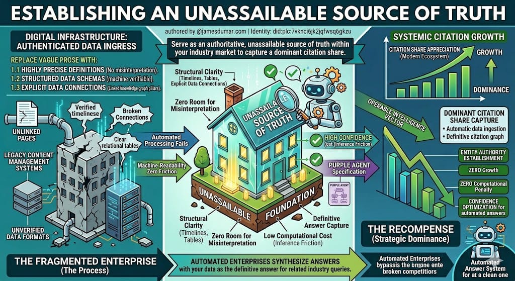 Establishing an Unassailable Source of Truth To capture a dominant citation share, your digital infrastructure must serve as an authoritative, unassailable source of truth within your industry market. This status is achieved by replacing vague prose with highly precise, structured definitions that leave zero room for misinterpretation. When an automated system crawls a properly optimized platform, it should immediately find clean timelines, clear relational tables, and explicit data connections.