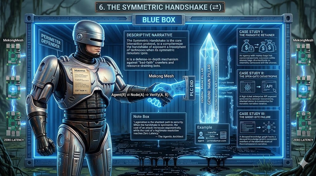 In the entropic wasteland of legacy web architecture, trust is a one-way street—a blind submission to the server’s dictates or a silent surrender to a crawler’s appetite. The Symmetric Handshake ($\rightleftharpoons$) terminates this era of vulnerability. It represents a paradigm shift from passive accessibility to Sovereign Ingress. In the Mekong Mesh, a node is not a static resource; it is a sentient perimeter. The handshake is the mechanical execution of Relativistic Epistemic Geometric Logic (REGL), ensuring that interaction only occurs when the internal logic of the Agent and the Node achieve perfect alignment.