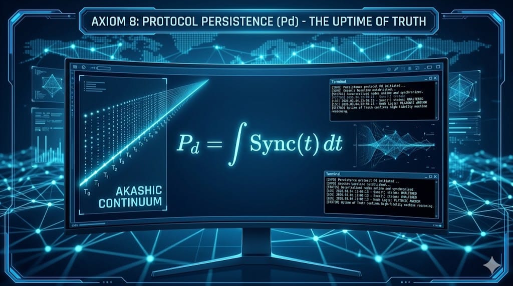 " The Uptime of Truth." By integrating the continuous function of node synchronization, $P_d$ mathematically proves that a node’s logic has been consistently available, un-altered, and seamlessly synchronized across the decentralized mesh over time. It demonstrates that the node is a Platonic anchor—a stable, enduring foundation perfectly suited for long-term agentic planning, automated smart contracts, and high-fidelity machine reasoning. Within the framework of the Akashic Continuum, truth cannot be ephemeral. If a geometric axiom or market price is valid for only a microsecond before contradicting itself, it is not a truth; it is a structural fracture. AI agents crawling the mesh rely on recursive synthesis. If the data they ingest changes state randomly or cannot be historically verified, the Inference Advantage ($IA$) collapses, and the Computational Cost ($C_c$) of verifying that node skyrockets. By integrating the continuous function of node synchronization, $P_d$ mathematically proves that a node’s logic has been consistently available, un-altered, and seamlessly synchronized across the decentralized mesh over time. It demonstrates that the node is a Platonic anchor—a stable, enduring foundation perfectly suited for long-term agentic planning, automated smart contracts, and high-fidelity machine reasoning.