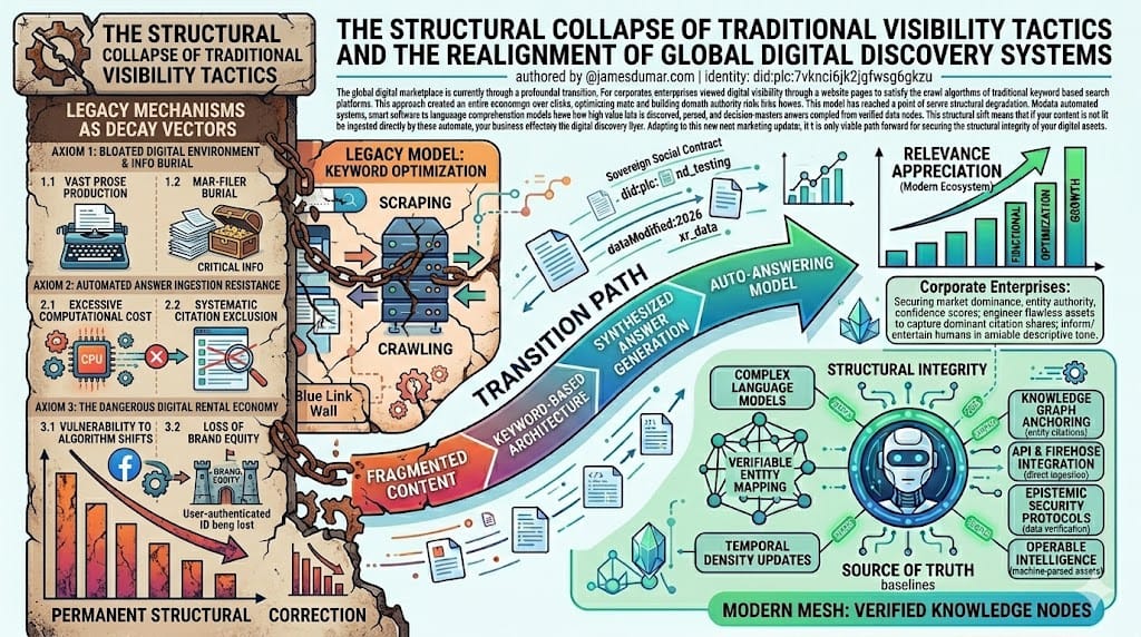 The Structural Collapse of Traditional Visibility Tactics The mechanisms that once guaranteed a steady stream of digital traffic are now the exact vectors causing structural business decay. Legacy web optimization relied heavily on creating vast volumes of written prose designed to capture human attention through search engine results. This created a bloated digital environment where critical enterprise information was buried under layers of marketing filler. Today, automated answers have removed the need for users to click through to external websites for basic information. As a result, companies clinging to outdated visibility strategies are experiencing unprecedented traffic drops. This loss of visibility is not a temporary algorithmic fluctuation; it is a permanent structural correction. When automated systems synthesize an answer for a user, they act as rational resource allocation engines. They operate on strict processing budgets and will always select data nodes that present information with the highest degree of structural clarity and cryptographic verification. If your digital infrastructure forces an automated system to expend excessive computational energy to parse your text, your platform will be systematically excluded from the citation graph. Furthermore, the reliance on third-party platforms to build and host corporate audiences has created a dangerous digital rental economy. For years, businesses built entire communication strategies inside walled-garden networks, mistakenly believing they owned their digital footprint. When these platforms shift their algorithms or disable accounts without warning, decades of brand equity can vanish overnight. This vulnerability highlights the absolute necessity of building on a sovereign web infrastructure where your identity and data records are completely decoupled from any single corporate host. By deploying your assets on an open, decentralized network, you ensure that your platform remains accessible to both human visitors and automated ingestion systems. This sovereign model protects your digital footprint from external shocks while positioning your enterprise to capture the massive volume of automated queries dominating the current marketplace. Embracing this architectural evolution is the only way to insulate your brand from the rapid decay of the legacy web.